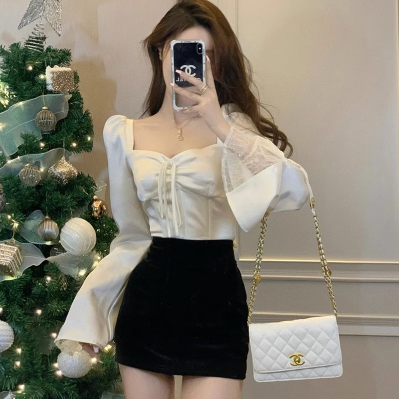 Official picture Shirt women's design sense niche shirt summer and autumn white short square collar temperament long-sleeved top