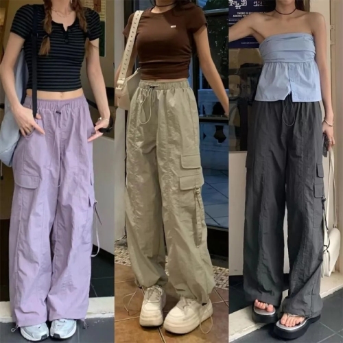 Douyin explosive style quick-drying fabric parachute overalls summer new Hong Kong style loose drawstring wide-legged trousers