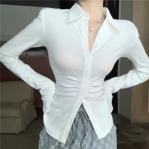 Official picture Spring and autumn pure desire wind waist shirt feminine long-sleeved shirt design sense hot girl slim solid color top