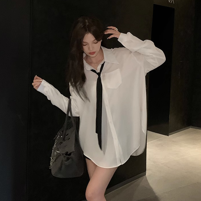 Official picture Qingshufeng Yujie tie shirt women's early autumn white loose drape mid-length shirt top