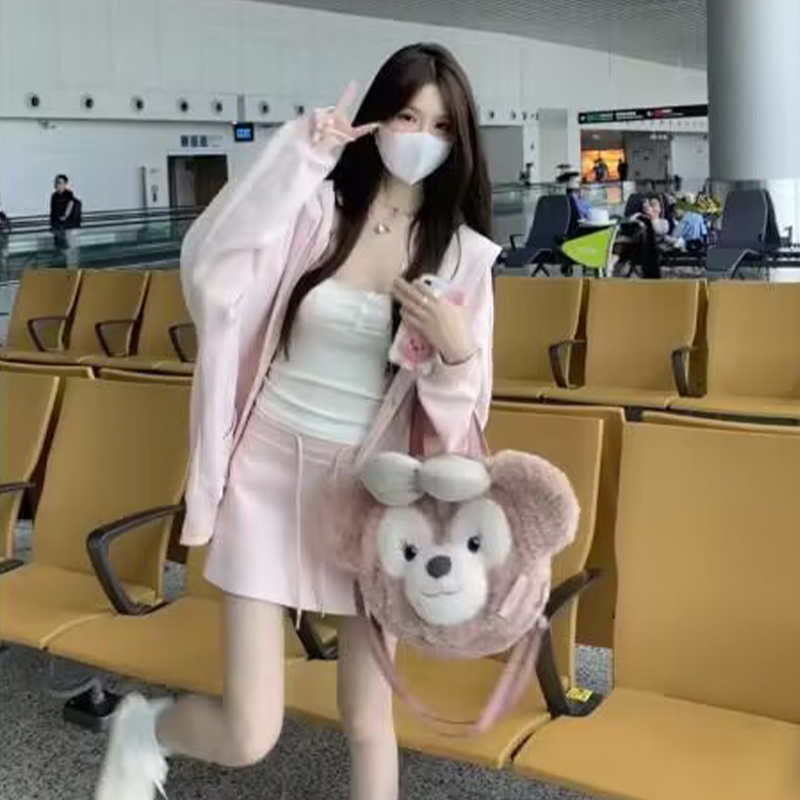 American retro pink hooded sweater women's spring and autumn 2023 new burst oversize jacket small suit skirt