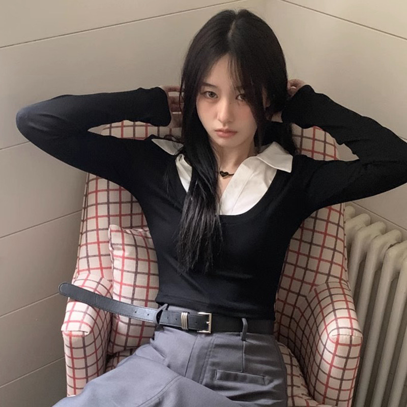 Fake two-piece short long-sleeved T-shirt women's autumn splicing temperament hot girl top simple shirt