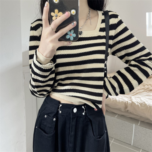 Real price real shot long-sleeved bottoming shirt women's autumn Korean version slim fit and thin short style striped sweater inside