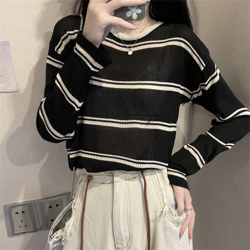 Ice silk sunscreen blouse women's summer loose mid-length striped sweater pullover long-sleeved top