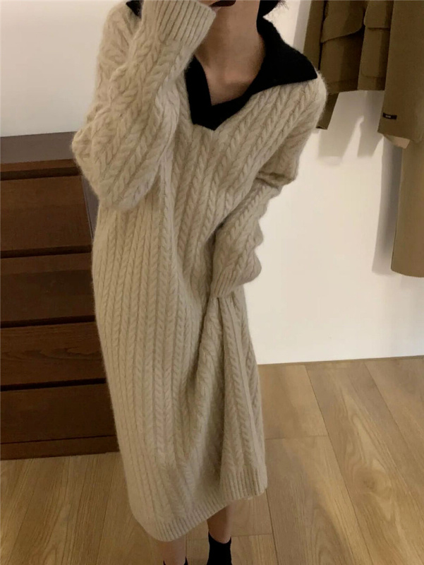 Korean style lazy style POLO collar twist long loose dress knitted bottoming skirt