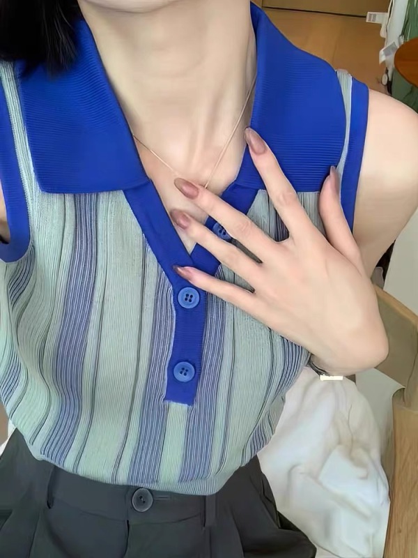 French sweet and spicy POLO collar sleeveless striped vest women's summer style unique chic top design sense niche short