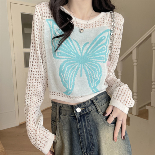 Real price real shot butterfly knitwear women autumn pullover short section all-match slim long-sleeved top women