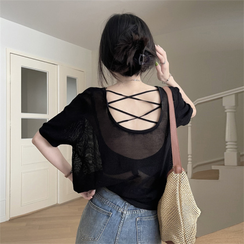 Back Hollow Slim T-shirt Female Fashion Personality Age Reduction Pure Color Bottom Shirt Summer
