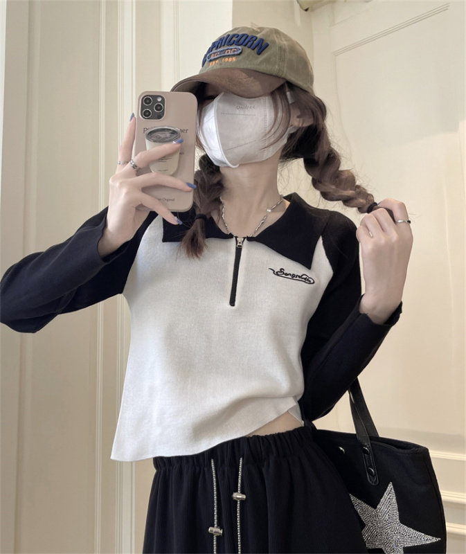 Real price real shot short polo collar contrast color half zipper sweater women's design sense niche knitted top