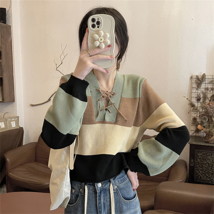 Slim design sense tie V-neck sweater women's American style niche retro striped top winter