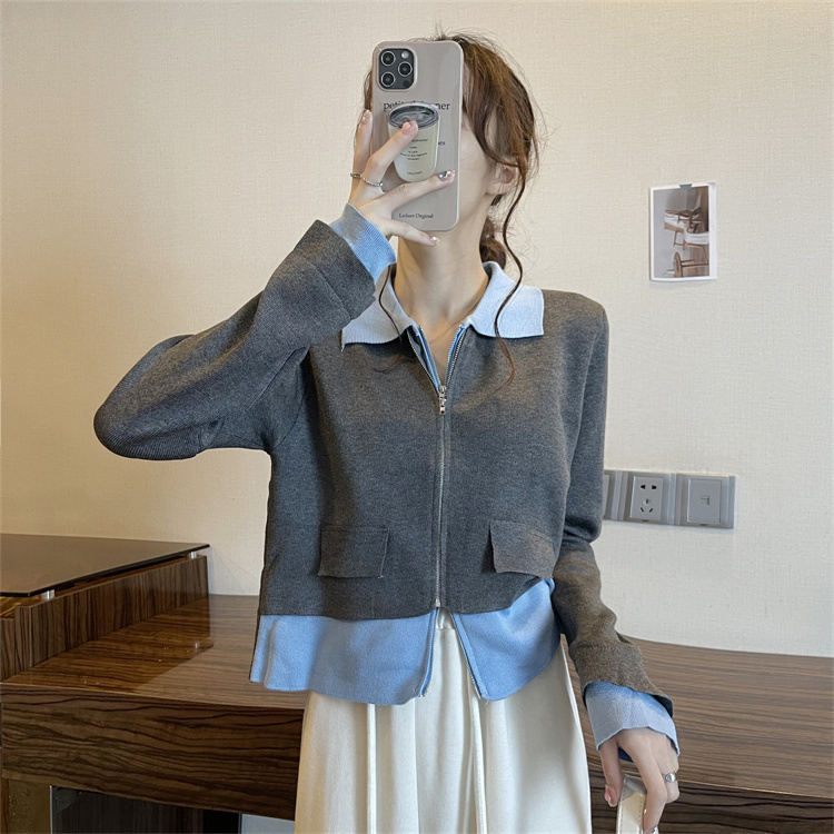 Fake two-piece short sweater female autumn niche design high-quality zipper cardigan knitted jacket