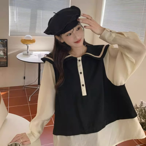 Official picture Early autumn women's long-sleeved T-shirt loose navy collar fake two-piece shirt splicing contrast color college wind top