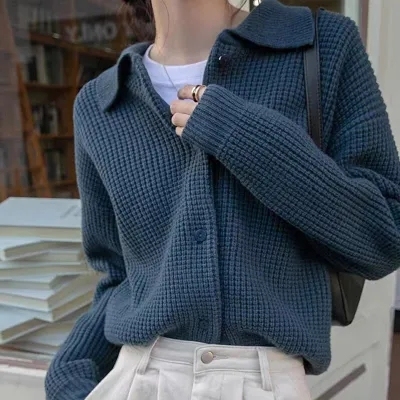 Korean style retro style lapel solid color loose all-match sweater knitted cardigan women