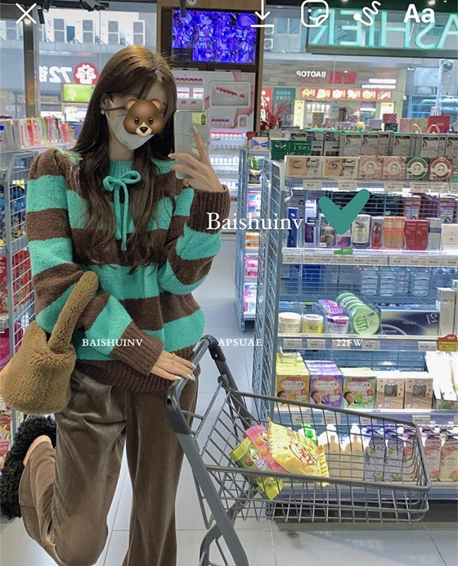 Korean Dongdaemun striped color contrast sweater women loose outerwear lazy style long-sleeved round neck pullover knitted top women