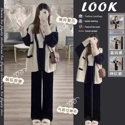 Korean lazy style hit color v-neck knitted sweater jacket women's outerwear loose thickened ovresize temperament top