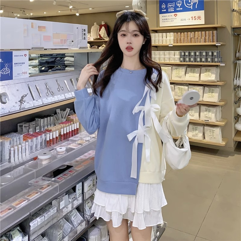 Official picture Bowknot sweater women's design sense niche autumn loose long-sleeved lazy wind splicing contrast color top