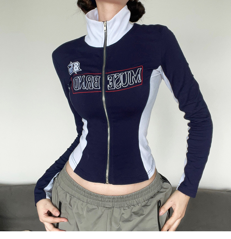 Shipped Rib Contrast Color Zipper Jacket Women's Slim Fit and Slim Versatile Bolero Knitted Fabric