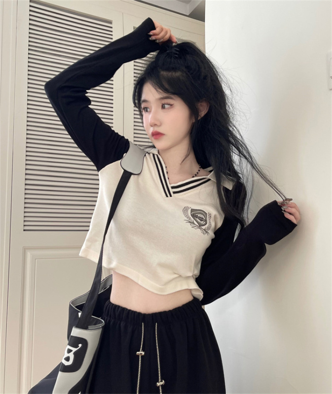 Contrasting color raglan shoulders long-sleeved polo collar t-shirt female autumn slim high waist short bottoming shirt top