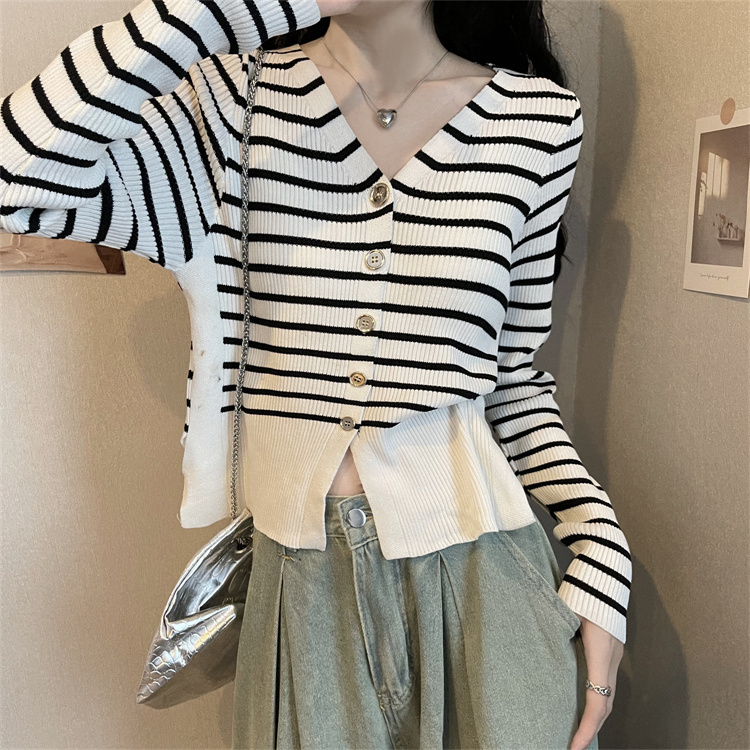 French stripe color contrast knitted cardigan women's autumn design sense niche V-neck long-sleeved top