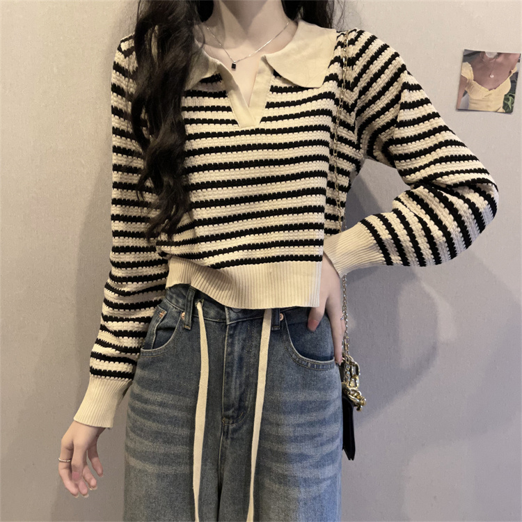 Contrast color striped polo collar long-sleeved t-shirt women's autumn and winter knitted sweater high waist short top