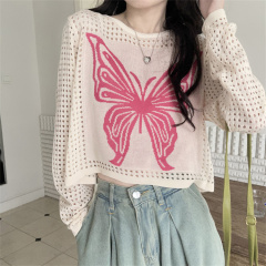 Real price real shot butterfly knitwear women autumn pullover short section all-match slim long-sleeved top women