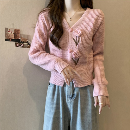 Korean version of the small fragrant style knitted sweater women's new v-neck gentle retro style loose short cardigan