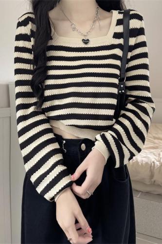 Real price real shot long-sleeved bottoming shirt women's autumn Korean version slim fit and thin short style striped sweater inside