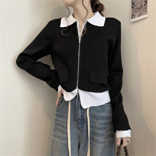 Fake two-piece short sweater female autumn niche design high-quality zipper cardigan knitted jacket