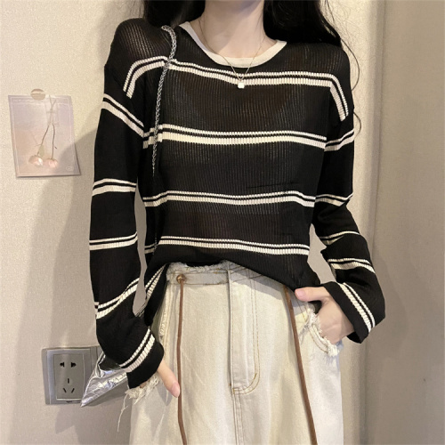 Ice silk sunscreen blouse women's summer loose mid-length striped sweater pullover long-sleeved top