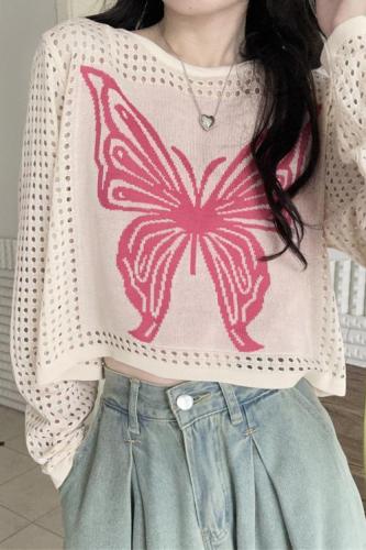 Real price real shot butterfly knitwear women autumn pullover short section all-match slim long-sleeved top women