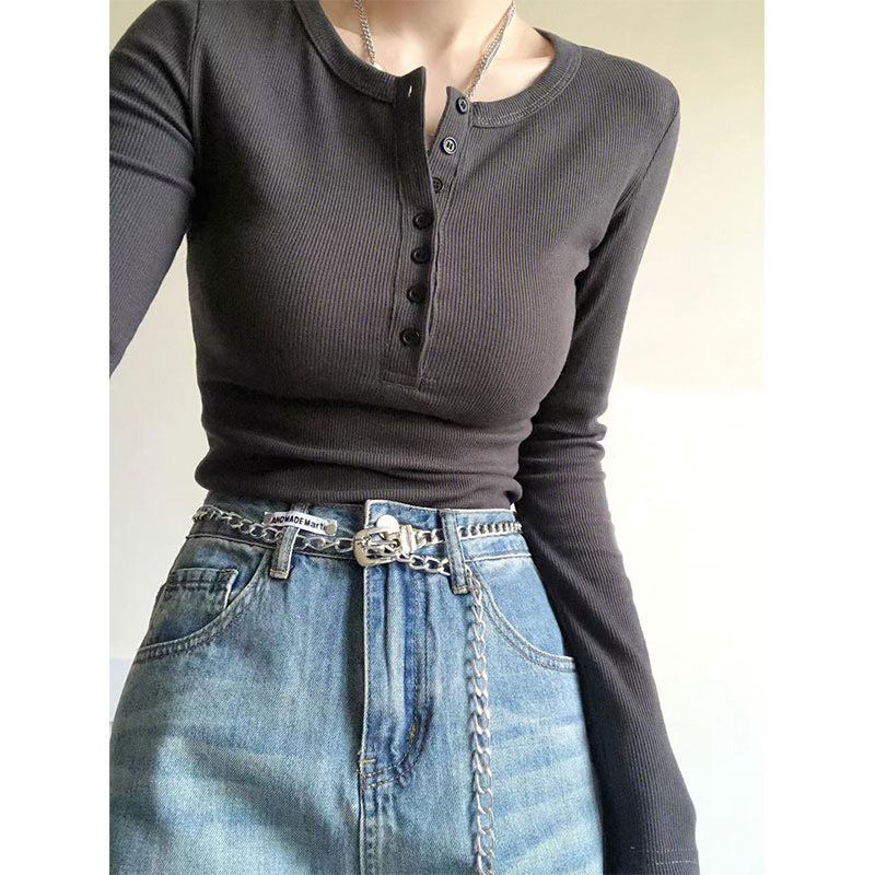Ribbed spring and autumn clothes with slim fit solid color all-match long sleeves