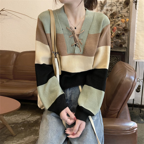 Slim design sense tie V-neck sweater women's American style niche retro striped top winter