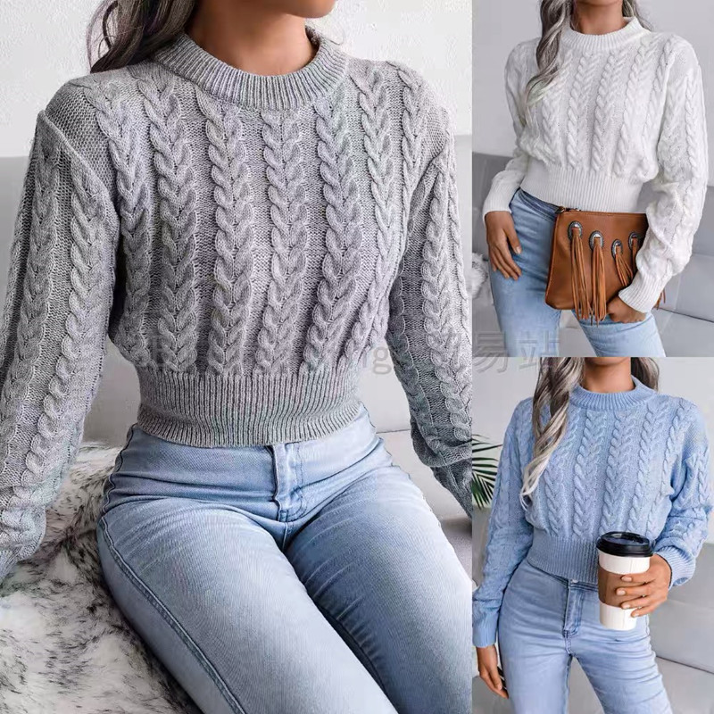 AliExpress Amazon Slim Twist Sweater Thin Section Korean Style Round Neck Tunic Knitted Sweater Top