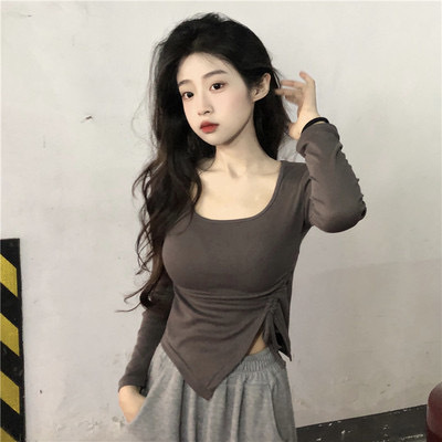 Shipped ribbed drawstring long-sleeved T-shirt women's autumn slim irregular short top
