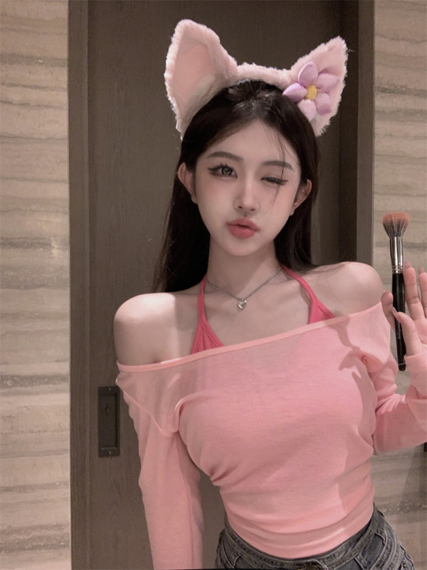 Knitted short long-sleeved top women's autumn 2023 new fake two-piece hanging neck T-shirt