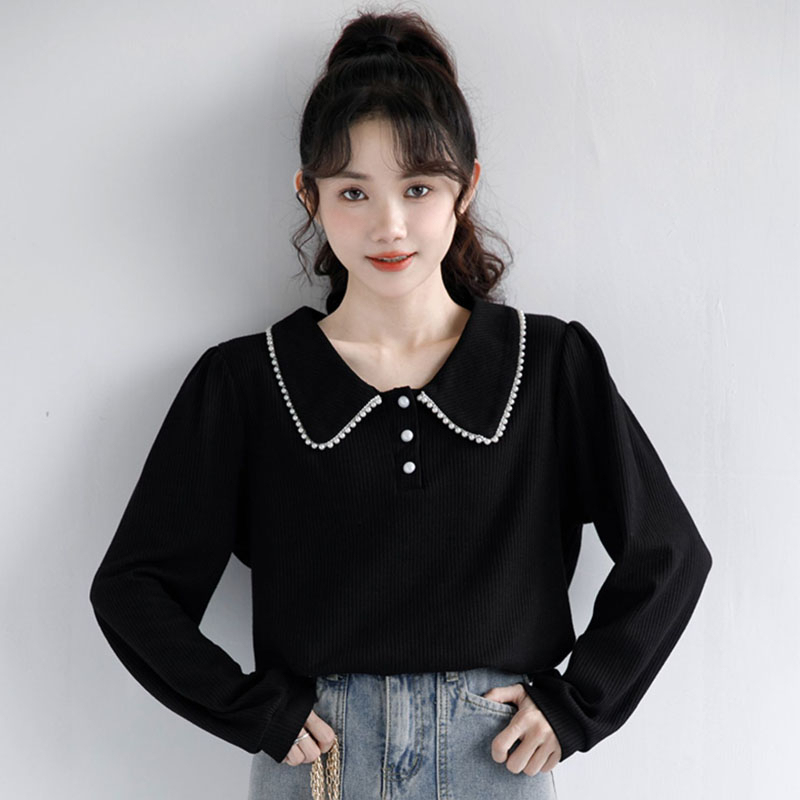Official picture 2023 autumn polo shirt knitted trim design sense long-sleeved T-shirt women's loose lapel sweet top