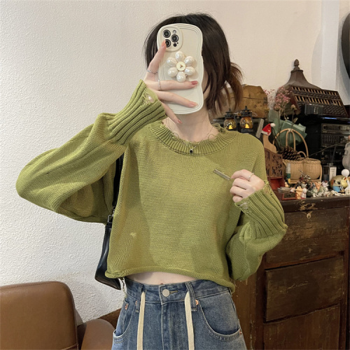 Design sense small hole long-sleeved knitted sweater women's 2 autumn and winter Korean style loose short top tide