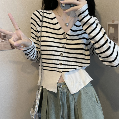 French stripe color contrast knitted cardigan women's autumn design sense niche V-neck long-sleeved top