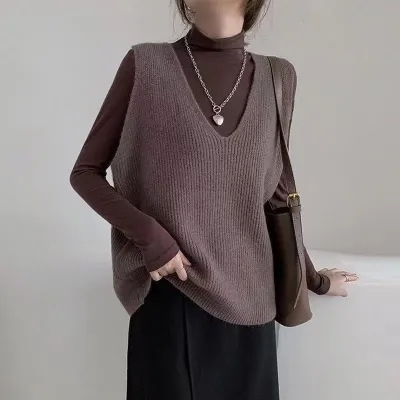 Korean retro lazy style knitted vest female autumn loose casual v-neck sweater simple all-match vest coat