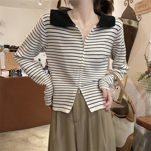 Contrasting color polo collar striped zipper knitted cardigan coat female autumn design short top