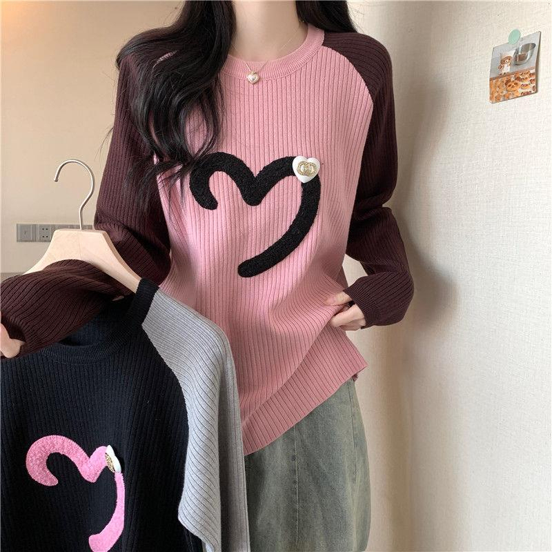 Official image Splicing and contrasting color round neck pullover women's autumn slim long-sleeved T-shirt bottoming shirt design top