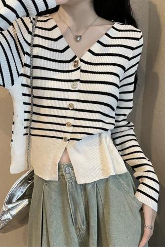 French stripe color contrast knitted cardigan women's autumn design sense niche V-neck long-sleeved top