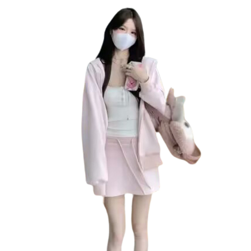 American retro pink hooded sweater women's spring and autumn 2023 new burst oversize jacket small suit skirt