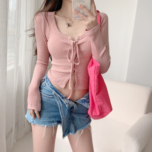 Spice girl square collar long-sleeved T-shirt women's spring and autumn self-cultivation and thin Korean version of the all-match pure desire strap short t-shirt top