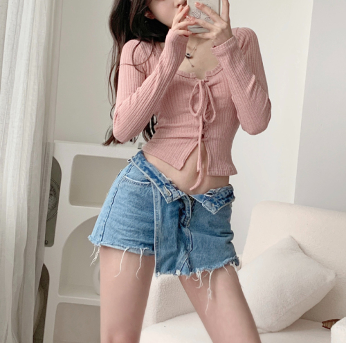 Spice girl square collar long-sleeved T-shirt women's spring and autumn self-cultivation and thin Korean version of the all-match pure desire strap short t-shirt top