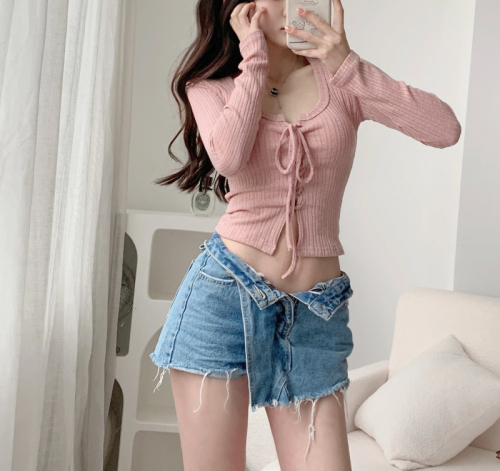 Spice girl square collar long-sleeved T-shirt women's spring and autumn self-cultivation and thin Korean version of the all-match pure desire strap short t-shirt top