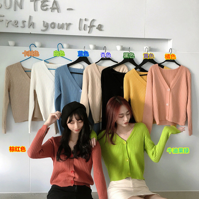 Korean version loose and versatile V-neck knitted cardigan autumn sweater with temperament long sleeves high waist short small coat trendy