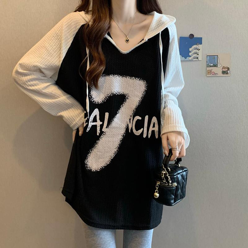 Stitching color contrast early autumn loose hooded T-shirt women's mid-length niche design long-sleeved western style top