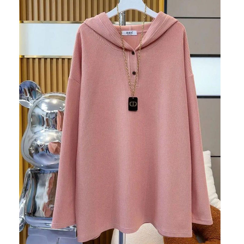 Pit strip hooded sweater women's 2023 autumn new loose long-sleeved thin plus size fat mm T-shirt