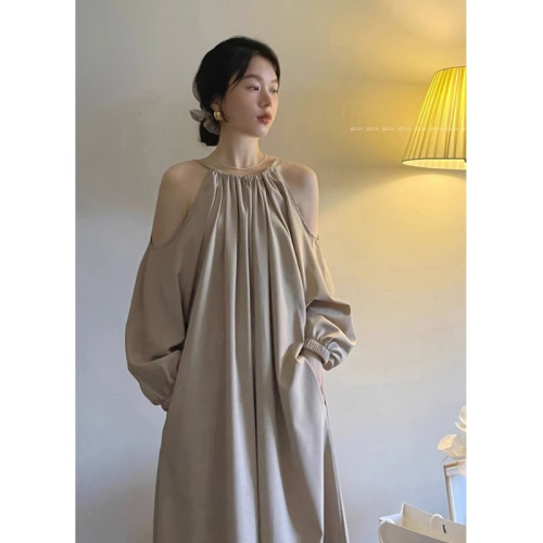 FRUITY Korean chic cool wind drawstring strapless long-sleeved dress women's early autumn loose slim temperament long skirt